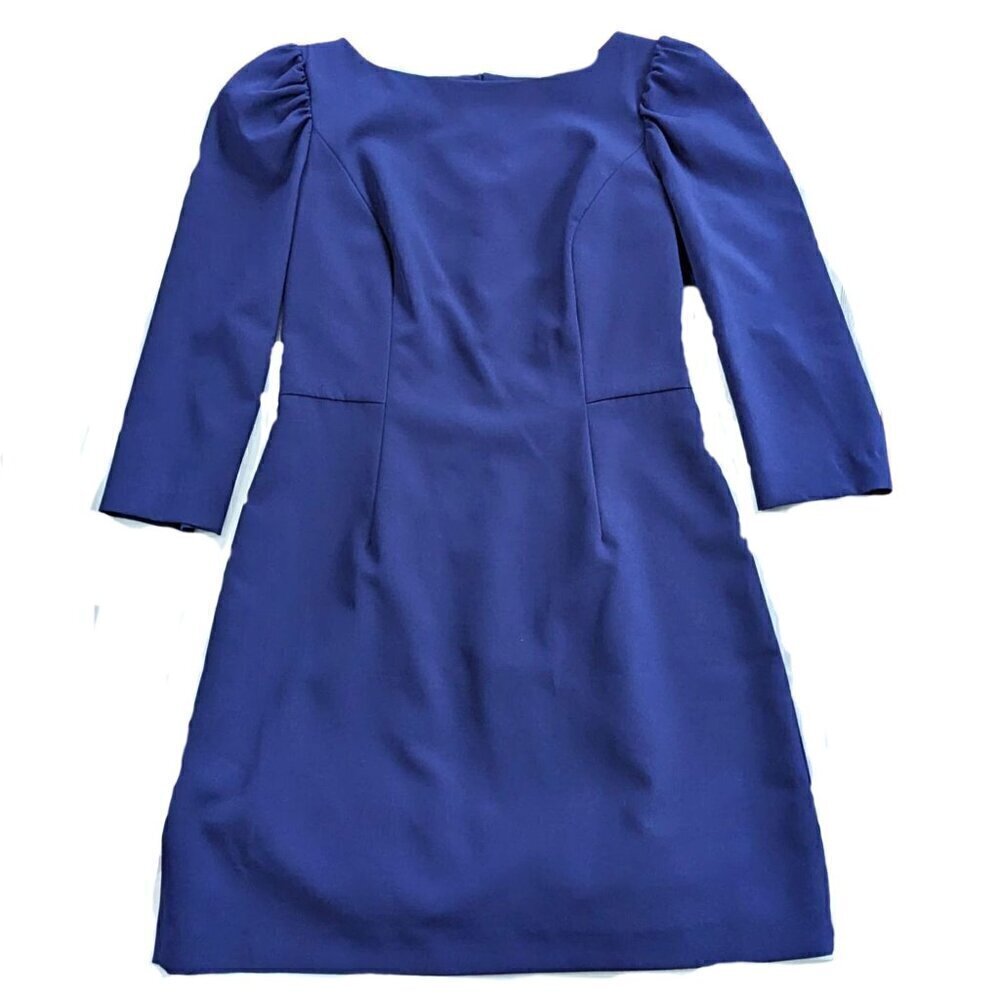 MILLY Clare Indigo Boatneck Puff Sleeve Princess Seam Sheath Mini Dress Size 12 - Picture 4 of 10